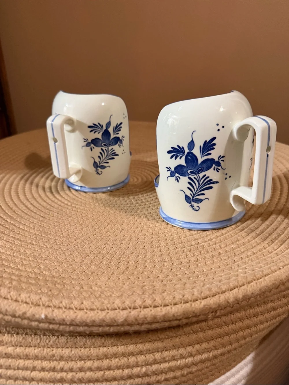 Blue & White Ceramic Votive Candle Holders with Floral Motif - Pair